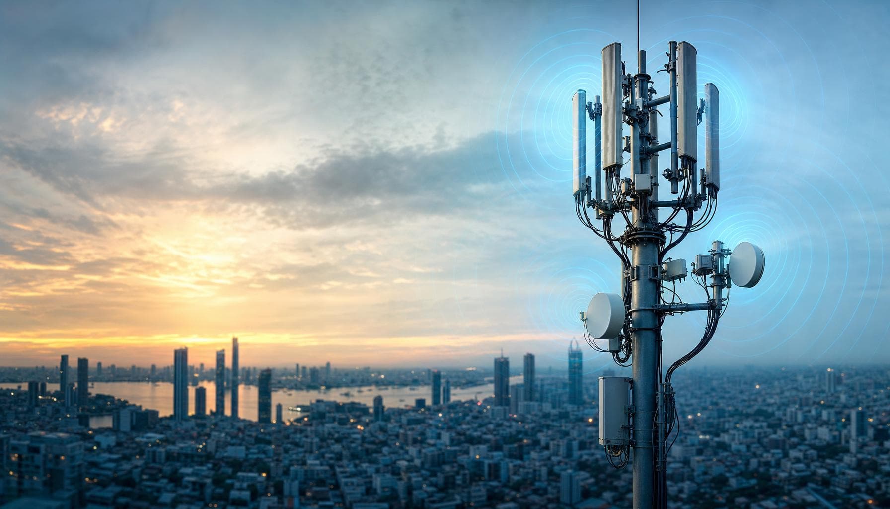Cellular antenna tower at sunset with stylized RF exposure contour rings over a coastal urban skyline