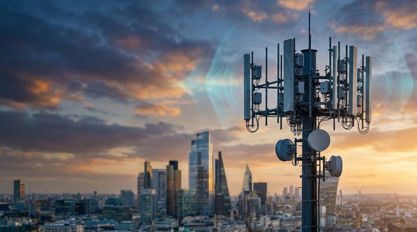 Modern cellular antenna tower with subtle visualization of RF exposure contours over a skyline at golden hour
